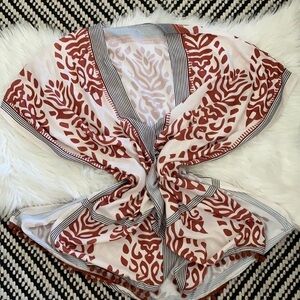 Swim cover up ball fringe rust cream and black color kimono, robe